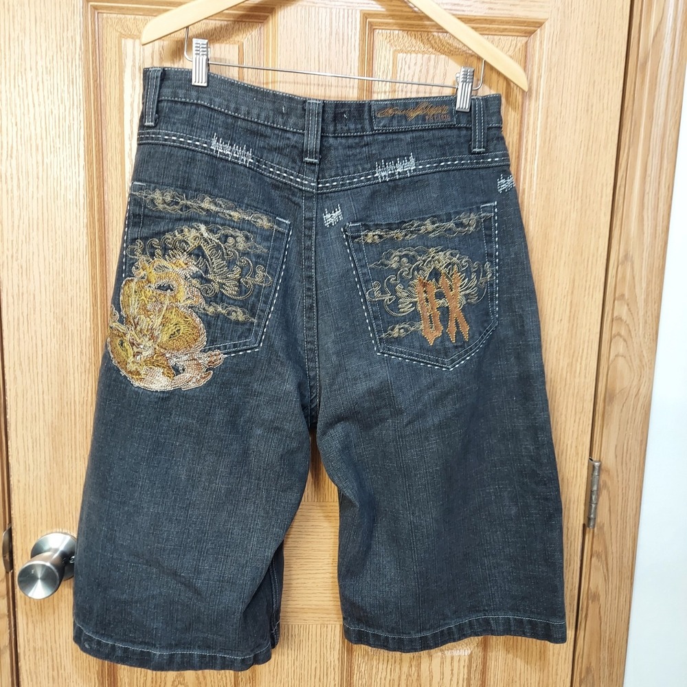 Brooklyn Xpress BX70 Mens Dark Wash Denim Shorts Dragon Baggy Y2K 36 (35 actual)